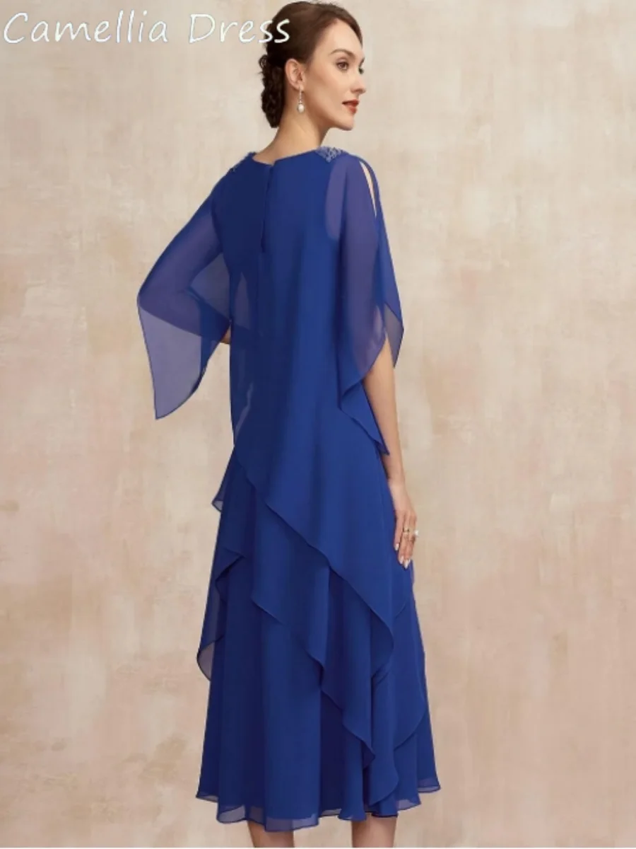 Elegant Mother of the Bride Dresses Zipper Beaded Tea Length Chiffon Party Dresses Back Simple O Neck