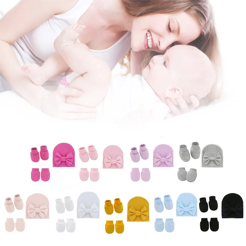 Baby Bowknot Hat No Scratch Gloves Foot Cover Set Infants Soft Cotton Mittens  Cap Socks  for Newborn DropShipping
