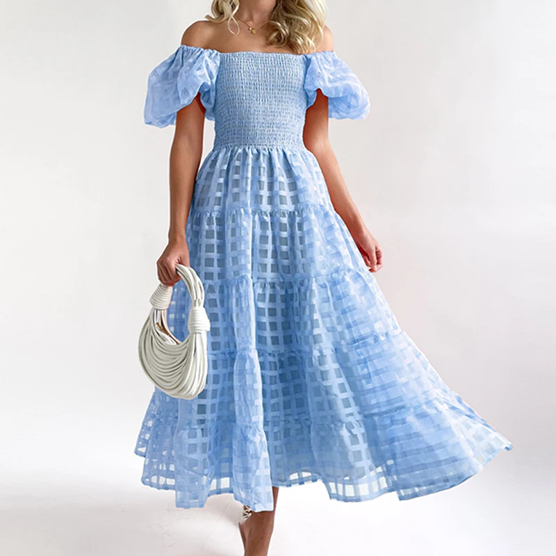 Robe-de-soir-e-pliss-e-carreaux-pour-femmes-robe-maxi-vid-e-col-carr ...