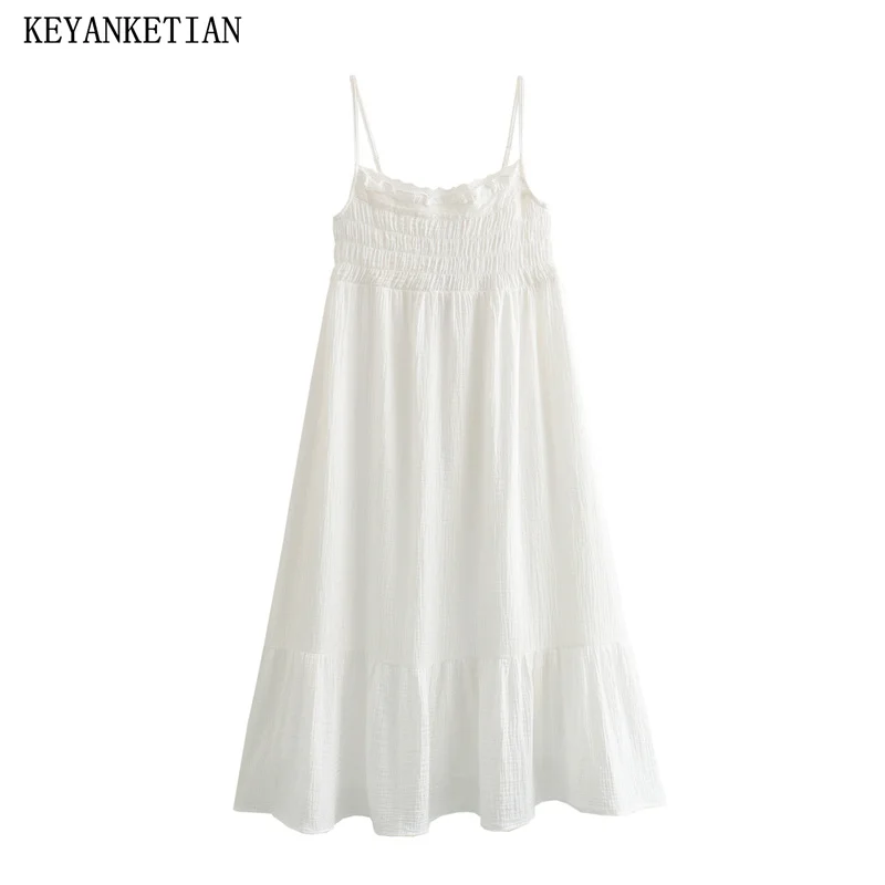 

KEYANKETIAN 2024 New Launch Women's Lace Embellished Halter Dress Holiday wind White Elastic Waist Slash neck Tiered MIDI Dress