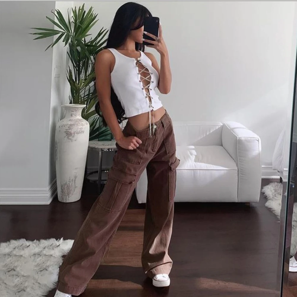 Tawaaiw Womens Vintage White Cargo Pants High Waist Wide Leg Jeans Baggy  Casual Fashion Multiple Pockets Mom Hip Hop Streetwear