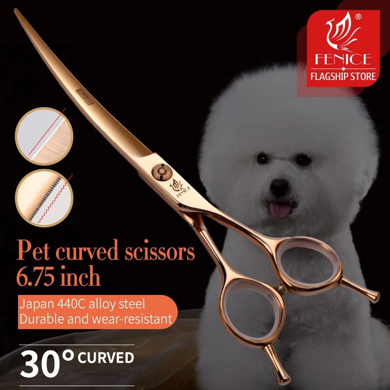 Fenice Professional 6.5/7 Inch Pet Curved Grooming Scissors serrated blade with saw Pet Scissors Shears for Dogs Cats JP440C,dog grooming scissors