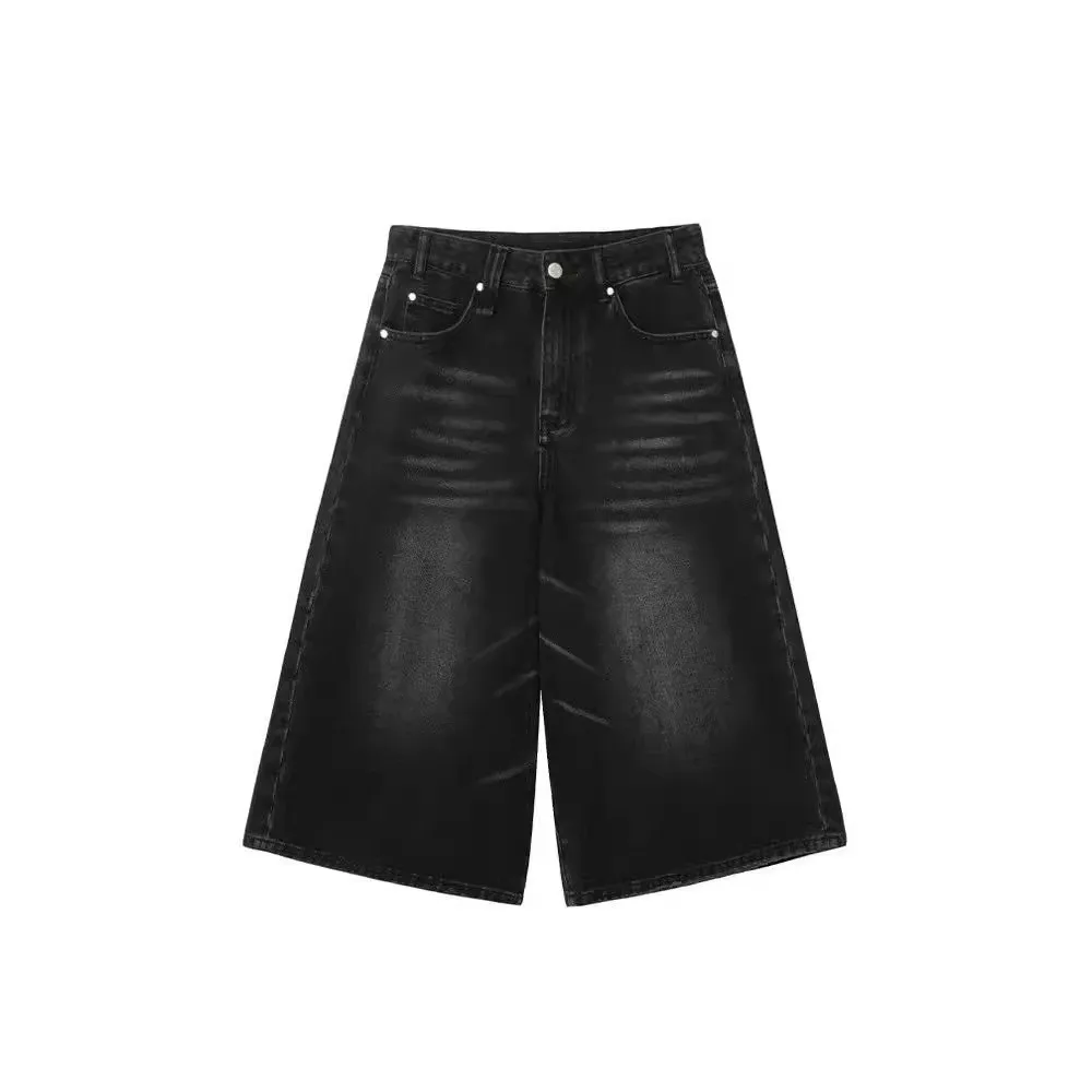 High-waisted wide-leg seven denim shorts men's design 2023 new black washed loose straight pants summer