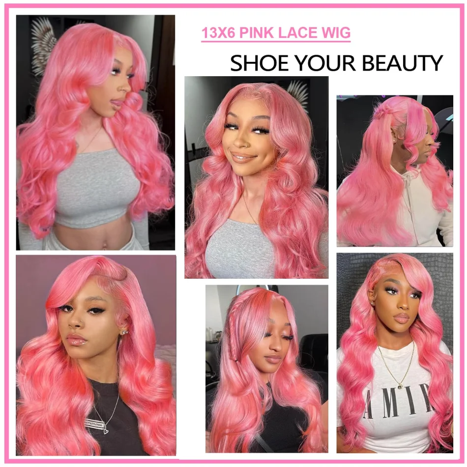Pink Human Hair Wig Body Wave Lace Front Wig 13X6 Hd Lace Frontal Wig 250 Density Brazilian Hair 38 Inch Colored For Black Women