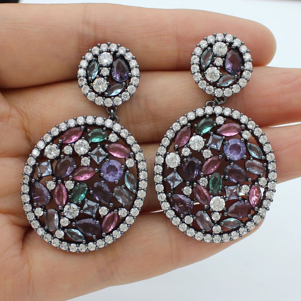 Round dangle Earrings white navy blue gold color Zircon Shiny