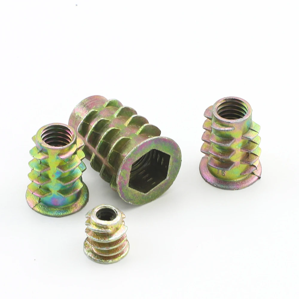 Thread Insert Nut for Wood Yellow Zinc M4 M5 M6 M8 M10 Flanged Hex Drive Head Furniture Nuts Connector 10/20/30pcs