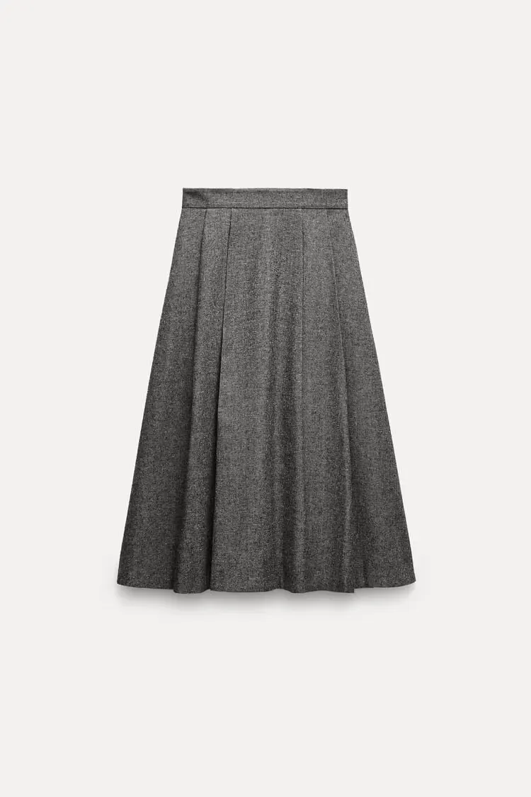 

CAPE SKIRT ETJ traf Autumn/Winter new high-waisted pleated back zipper A-line mid-length grey skirt 4043001