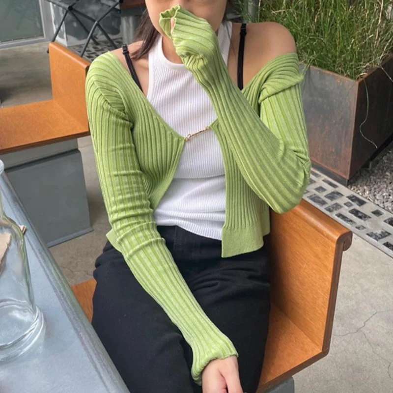 

Autumn New Fashion Classic Brand Casual Versatile Jennie Knitted Long Sleeve Cardigan Women Vintage Green Sweater Two-piece Suit