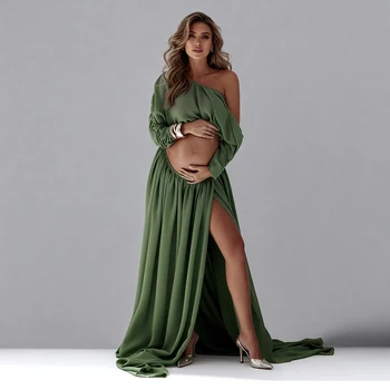 Maternity Photoshoot Dresses Olive Green One-Shoulder Long Sleeve Dress for Pregnant Women Pregnant Clothes Woman YW260317D