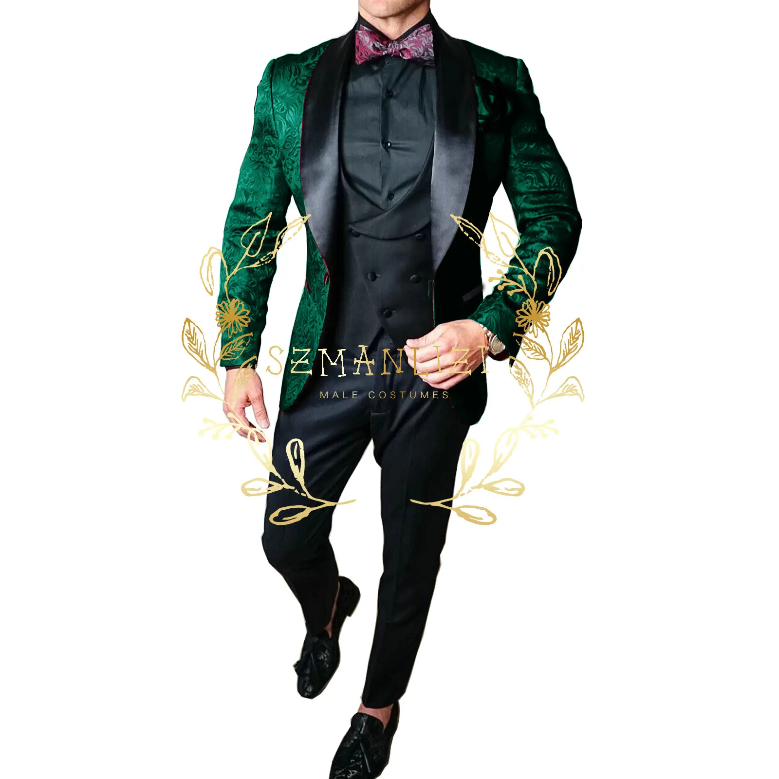 

Mens Wedding Suits 2023 Handsome Design Custom Made Green Floral Smoking Tuxedo Jacket 3 Piece Groom Terno Suits For Men