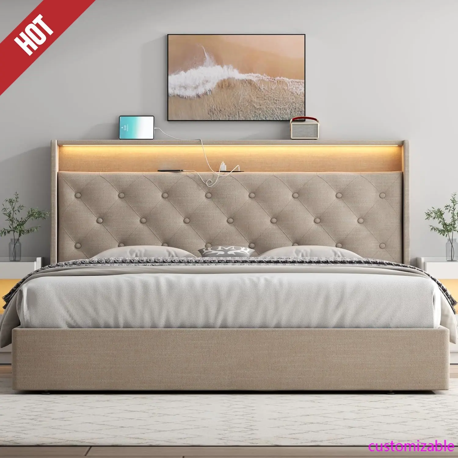 Queen Lift Up Bed Frame with Charging Station & LED Lights, Upholstered ...