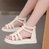 Summer Sandals for Girls 2023 New Versatile Solid Color Korean Style PU Soft Non-slip Flat Casual Weave Roman Shoes for Princess 4
