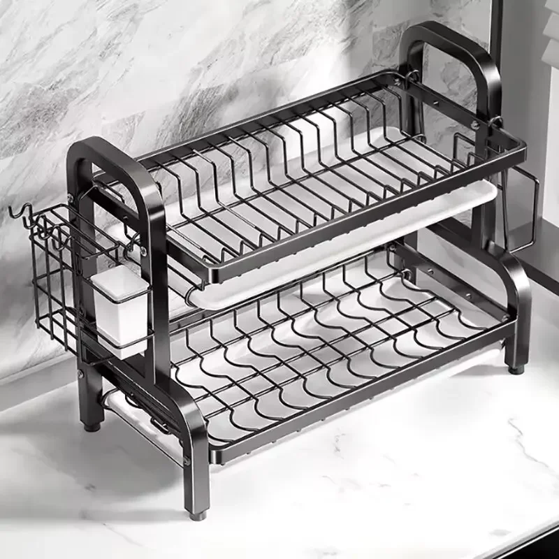Dish Drying Rack 2-Tier Compact Kitchen Dish Rack Drainboard Set Large Rust-Proof Drainer Utensil Holder 25 drain rack