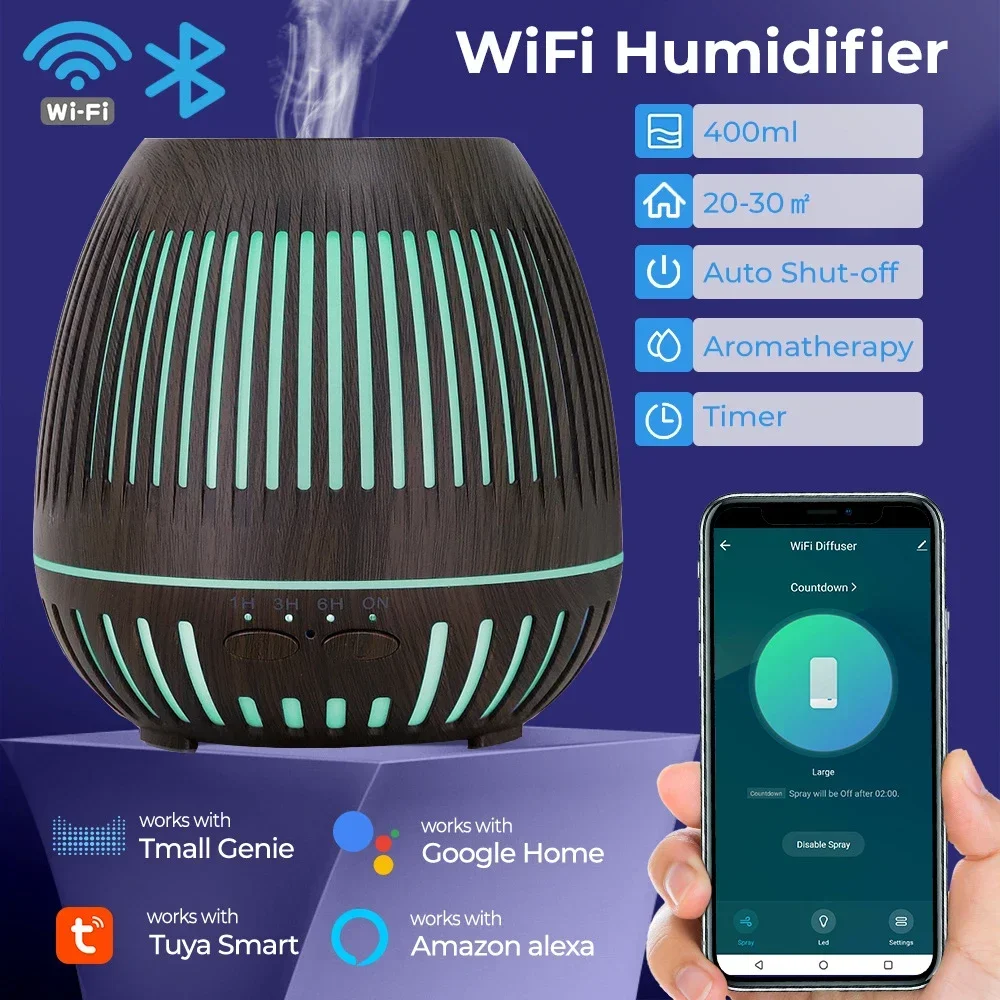 

Smart WiFi Essential Oil Diffuser Compatible with Alexa Google Home App Control 400ml Dark Wood Grain Aroma Diffuser Humidifier