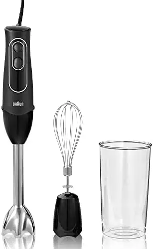 

4-in-1 Immersion Hand Blender, Powerful 350W Stainless Steel Stick Blender, Multi-Speed + 2-Cup Food Processor, Whisk, Beaker, M