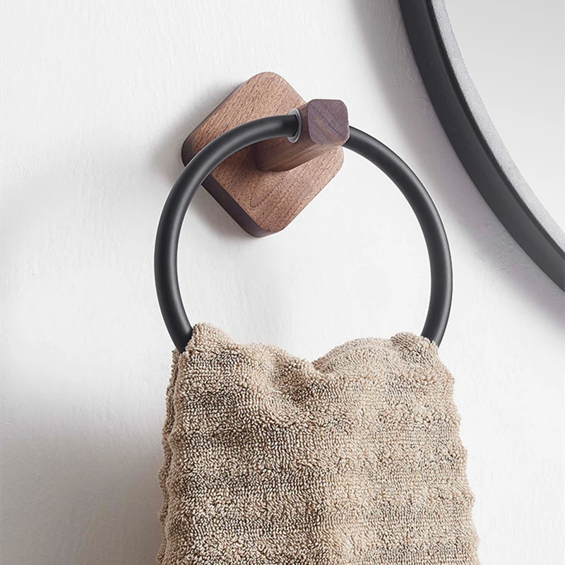 No Punching Bathroom Towel Holder Walnut/Beech Aluminium Wall Mounted Round White/Black Towel Ring Accessories