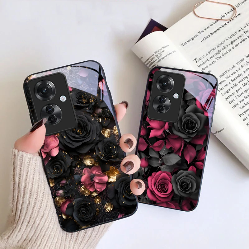 Chic Black Pink Rose Glass Phone Case