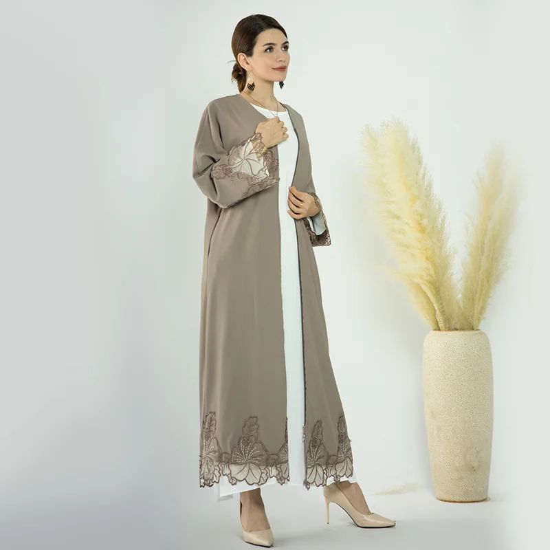 Women's Muslim Abaya Dress, Lace Trimmed Cardigan Robe, Monochromatic, Middle East, Islam, Dubai, Abaya
