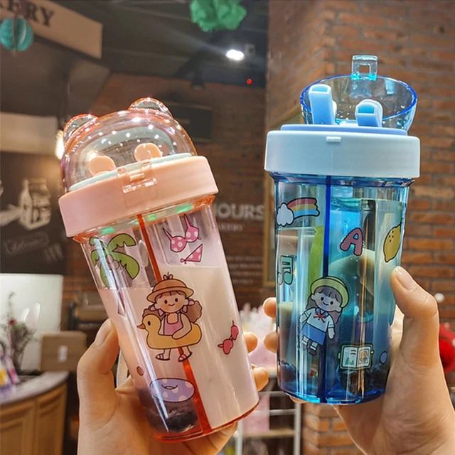 420ml Water Bottle Two Straws Outdoor Portable Bottle Two Kinds of Water  Student Plastic Cup Gift