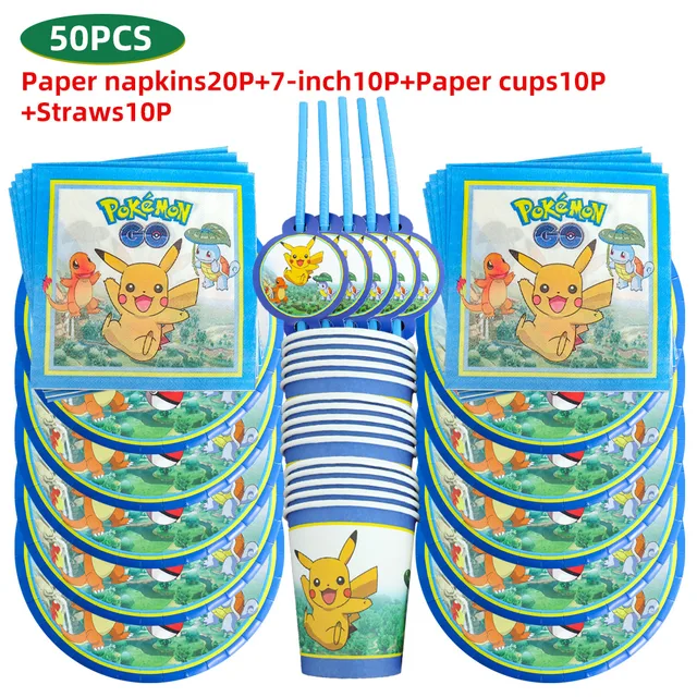 TAKARA TOMY Pikachu Pokemon Birthday Decoration Disposable Cutlery Cup Plate Napkin Tablecloth Bag Baby Shower Party Supplies 50PCS