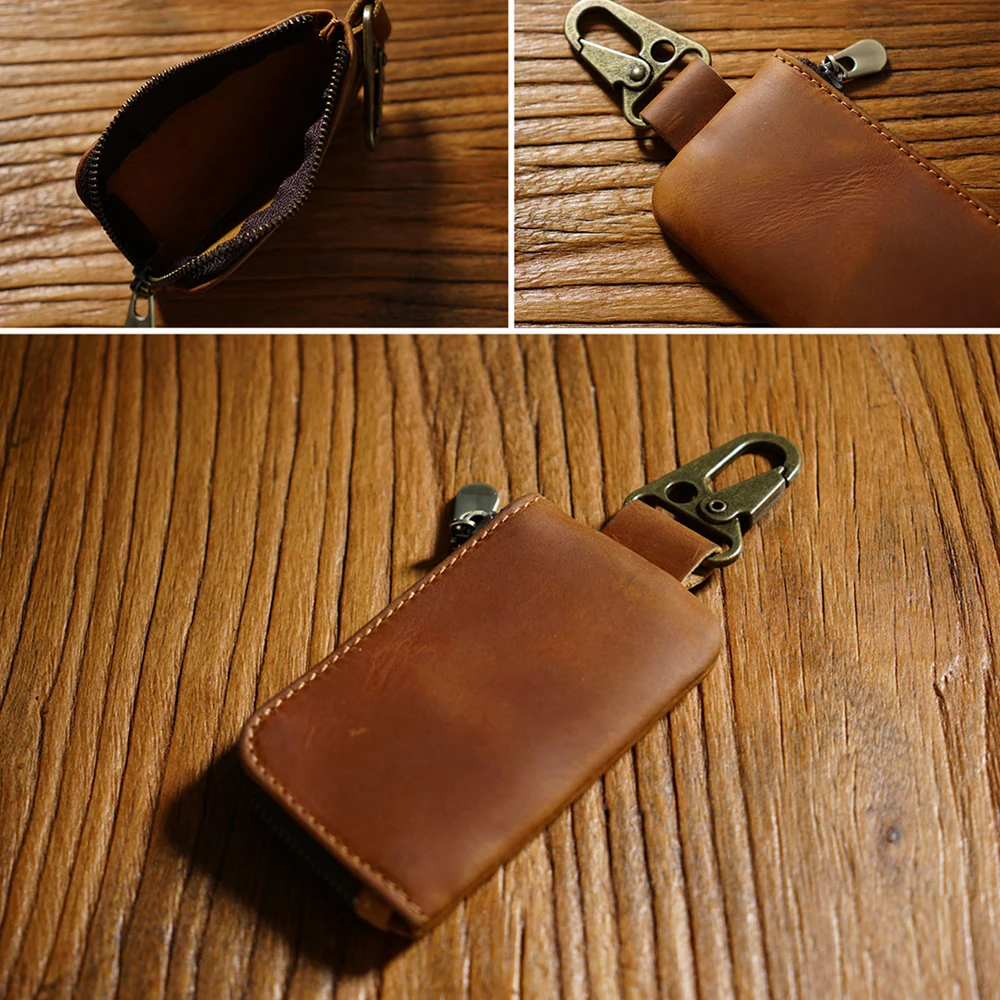 Versatile Leather Coin Purse with Keychain & Carabiner Hook