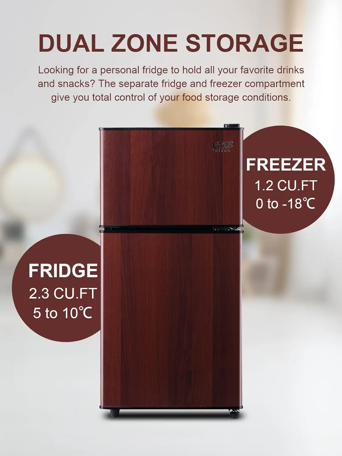 KRIB BLING Refrigerator with Freezer 3.2 Cu.Ft with 7 Level Adjustable Thermostat Control 2 Door Energy Saving Compact 5