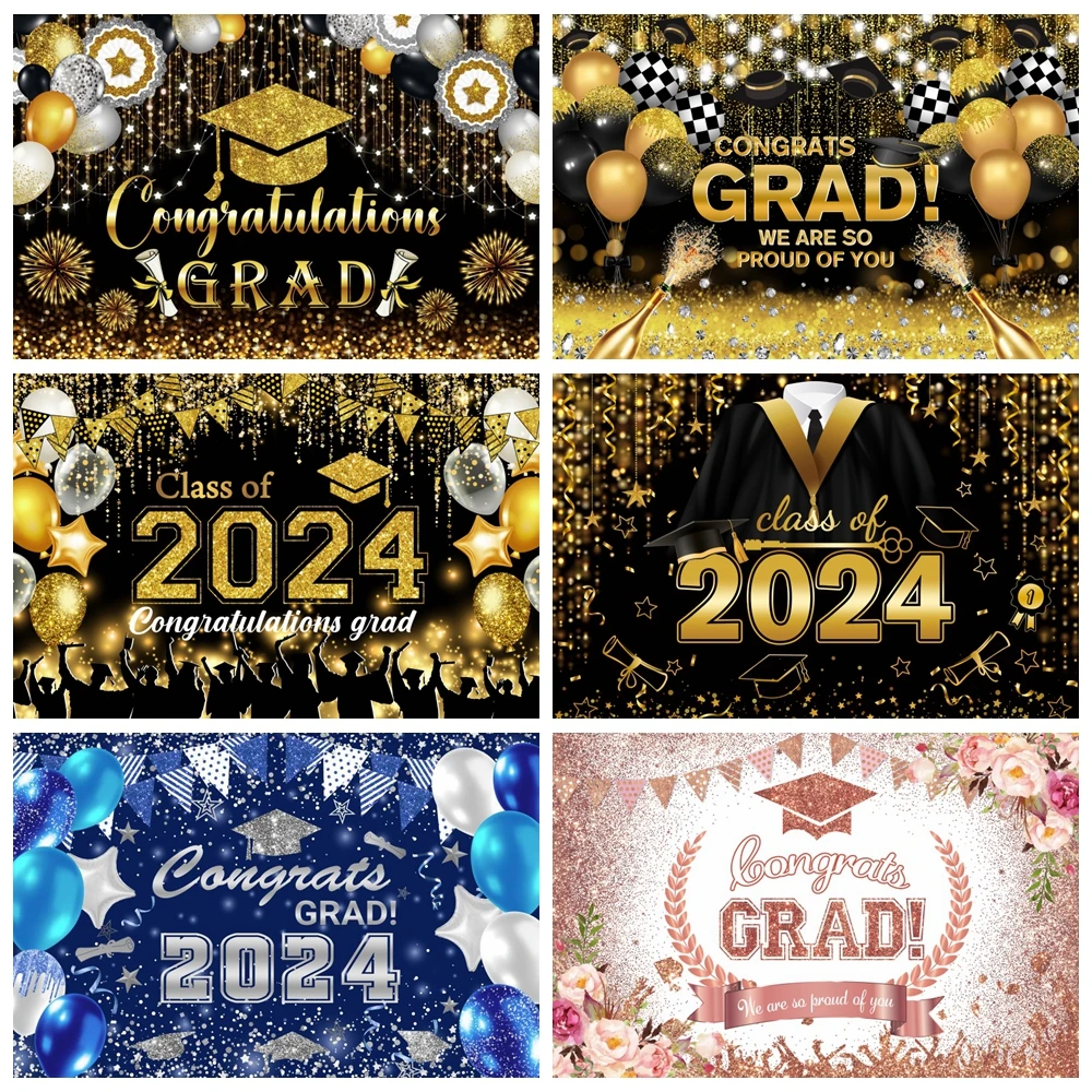 

Happy Graduation Backdrop Glitter Balloon Bachelor Cap Congrates Grad Class of 2024 Graduates Party Photography Background Decor