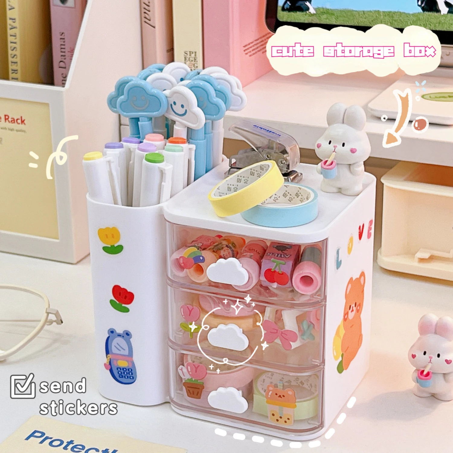 Mini Press Desktop Storage Box Washi Tapes Organizer Sticker Holder Kawaii  Stationery for Girls Office Supplies Desk Accessory