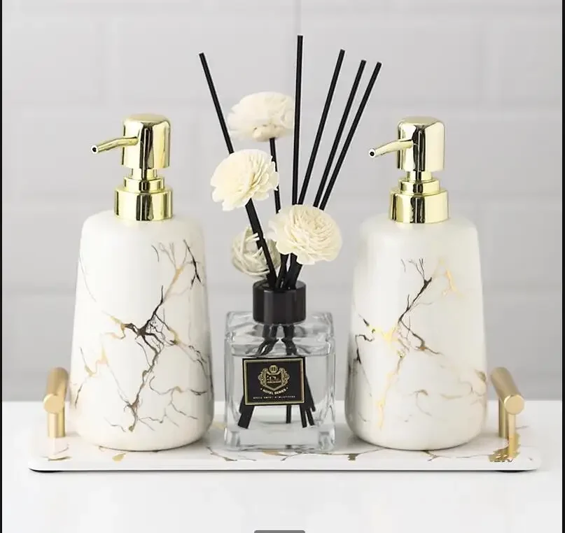 Golden Marble Ceramic Bathroom Decoration Accessories Soap Dispenser Toothbrush Holder Soap Dish Aromatherapy Bottle Bathroom