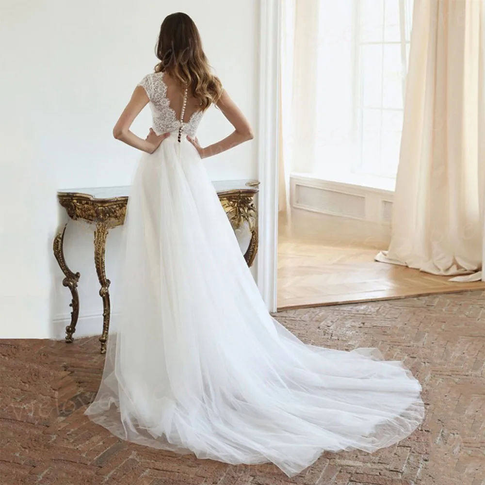 A-line wedding dresses for women lace appliques bride gowns V neck cap sleeve