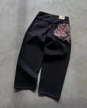 Y2K Vintage Low Waist Hip Hop Cherry Blossom Embroidered Jeans Wide Leg Trousers Clothes Mens Embroidered Baggy Jeans Womes 1
