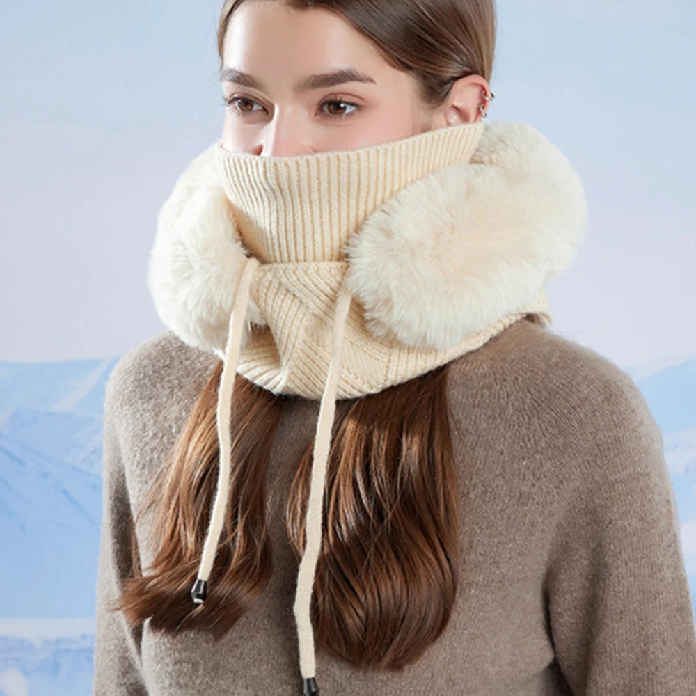 Winter Knitted Hat Ear Protection Balaclava Hat Fluffy Mask Neck Integrated Hooded Cap Outdoor Thickened Hat for Ski Cycling