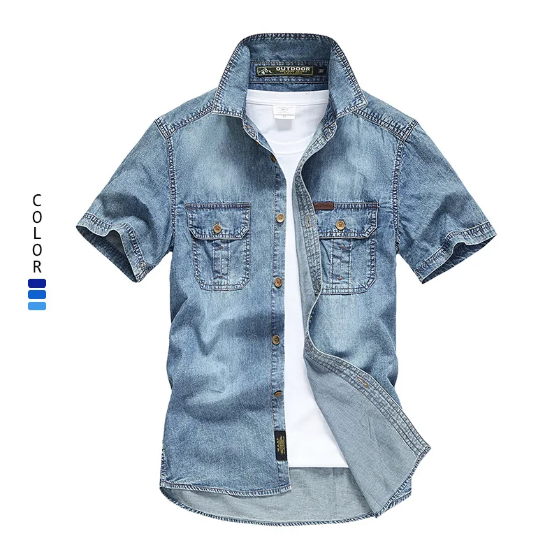 Denim Shirt Men Clothing Short Sleeve Denim Tiki Fashion Blouses Social T-shirts Luxury Hawaiian Cotton denim shirt