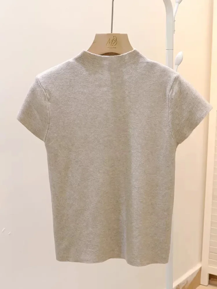 Half Turtleneck Short Sleeve Sweater Women, Solid Elegant Knitted Pullover, White Slim Tops