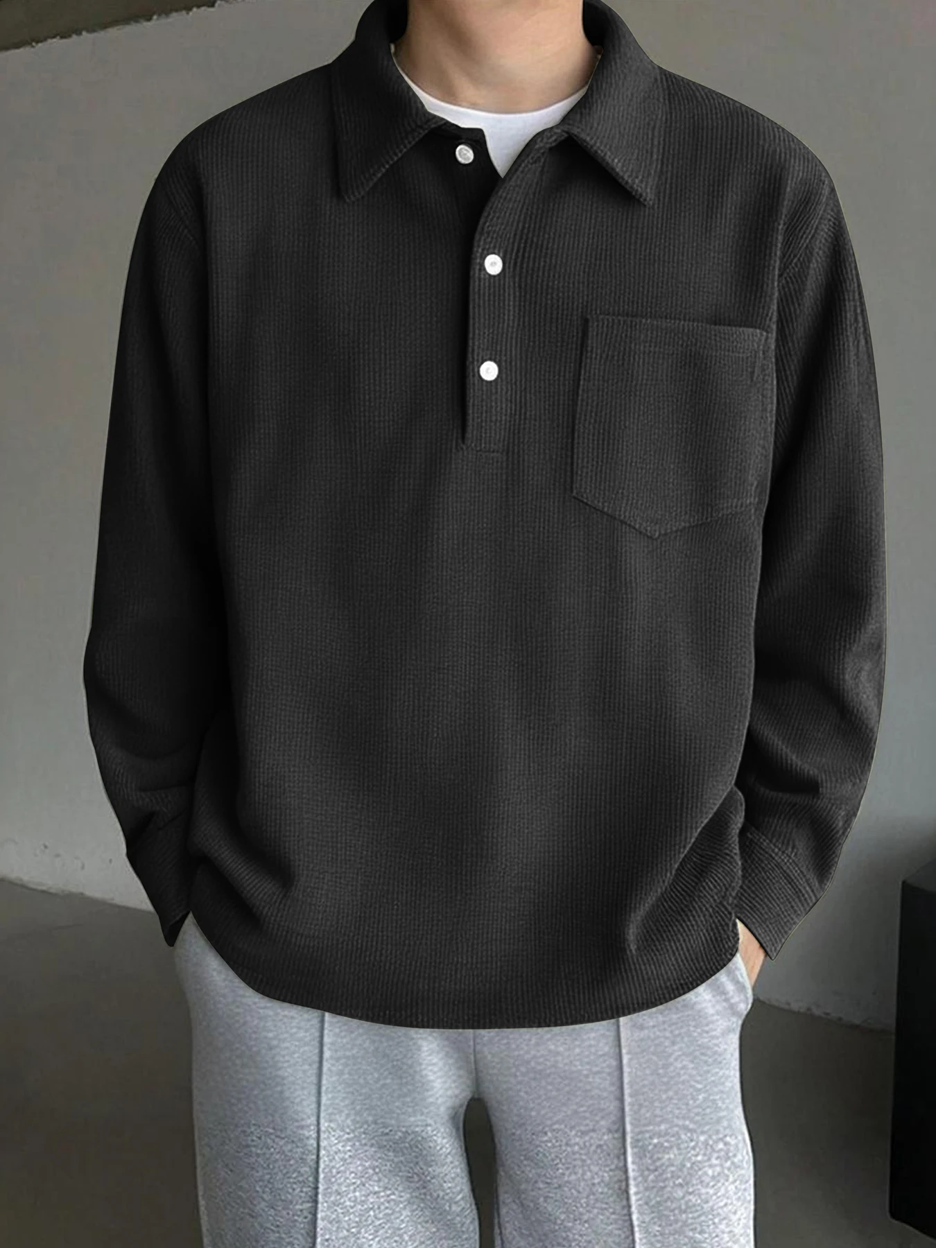 Erkek Uzun Kollu Yaka Polo Tişört, Bol Kesim, İlkbahar ve Sonbahar için Çok Yönlü ve Günlük Kazak Üst.