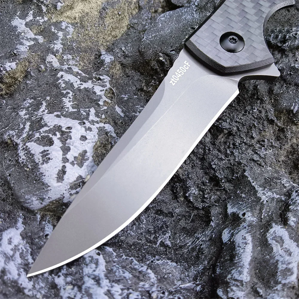 ZT 0450CF Folding Knife with 3.15” DLC-Coated 440C Blade Carbon Fiber Handle Scales KVT Ball-Bearing Tactical Hunting EDC Knives 3