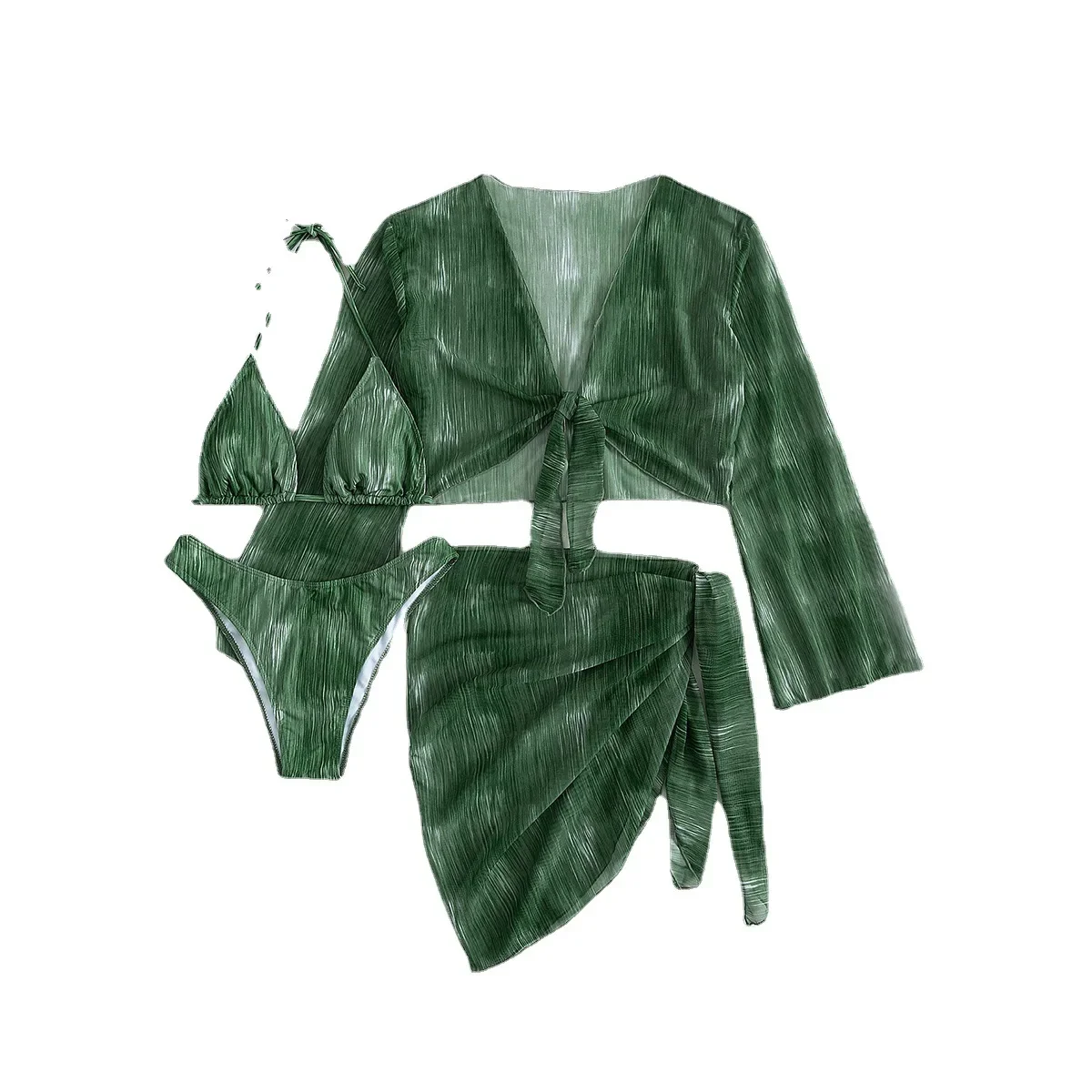 Three-piece Swimwear Striped Lace Print Long-sleeved Bikini Women's Summer Bathing Suit Slim Sexy Bikini Push Up Swim Wear