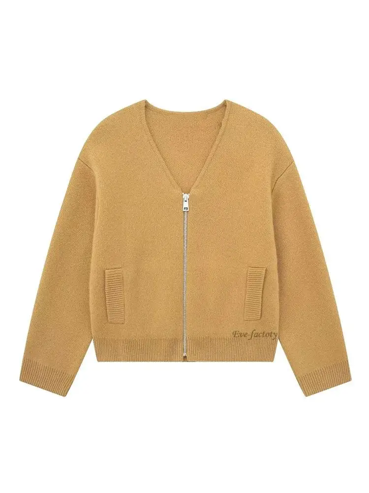 

Korean Women's Fashion Zippered Wool Blend Bomber Sweater Female Casual Long Sleeve Jacket line Rib Trim Trendy Outerwear Coat