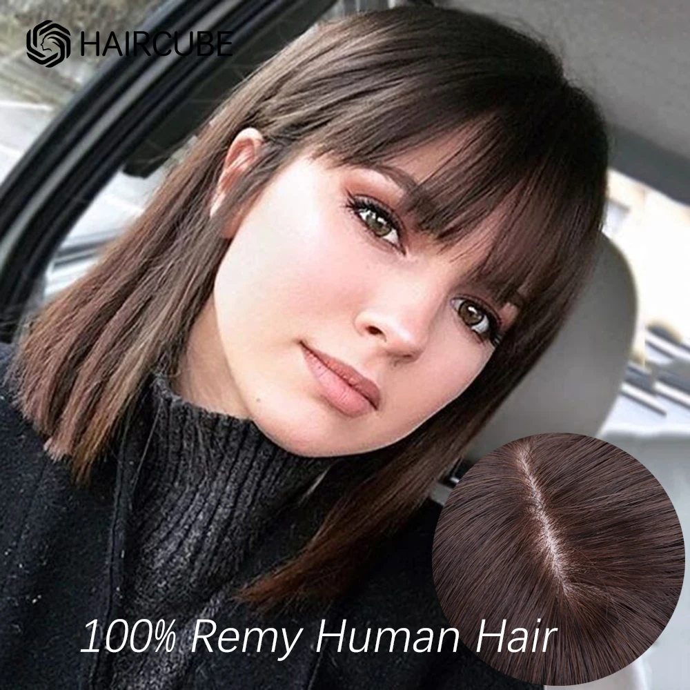 HAIRCUBE Chestnut Brown Bob Human Hair Wig with Bang Shoulder Length Full Machine Made Remy Straight Human Hair Wigs for Women