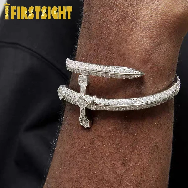 Men's Bracelet Silver Nail with Zircon Diamond - White Leather