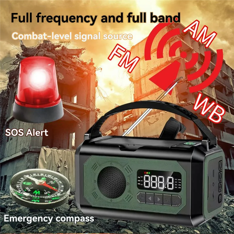 T24C 태양열 구동 12000Mah 핸드 크랭크 AM/FM/NOAA 라디오, 비상 SOS 경보 및 캠핑용 독서 등, 진한 녹색
