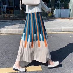 Qiukichonson Contrast Color Knitted Pleated Skirt Women's 2022 Spring Autumn Korean Style Casual Striped High Waisted Long Skirt Qiukichonson Contrast Color Knitted Pleated Skirt Women's 2022 Spring Autumn Korean Style Casual Striped High Waisted Long Skirt