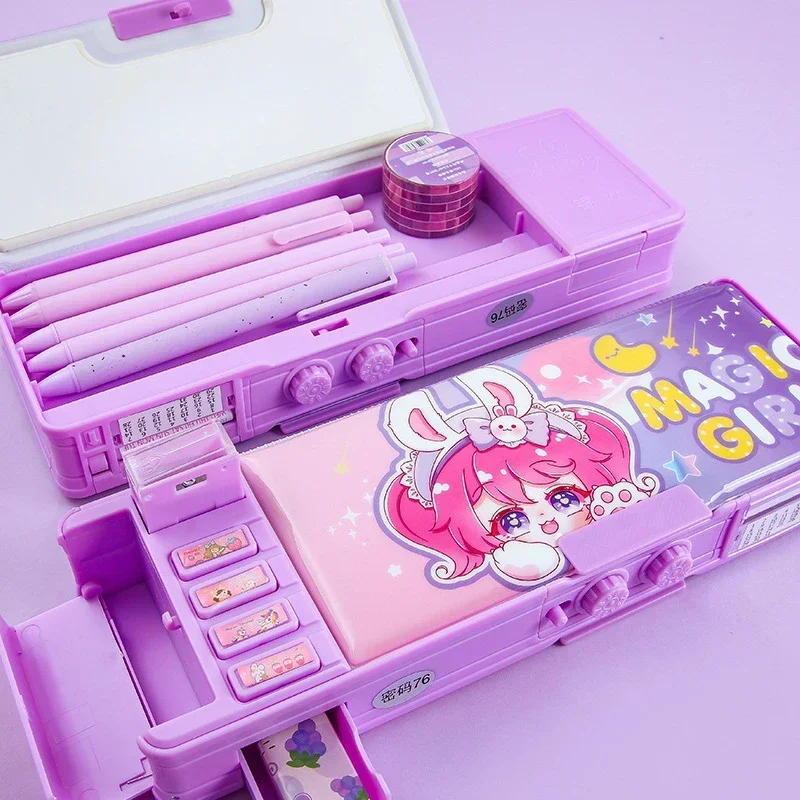 Password Lock Multifunctional Stationery Box Intelligent Female High-tech Pencil Case Mechanical Girl Double-laye pencil cases stationery box
