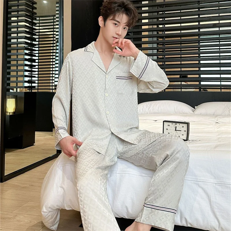 Spring Autumn Men's Ice Silk Pajamas Long Sleeve Lapel Cardigan Pants Plaid Jacquard Home Clothing Set Loose Oversized Homewear