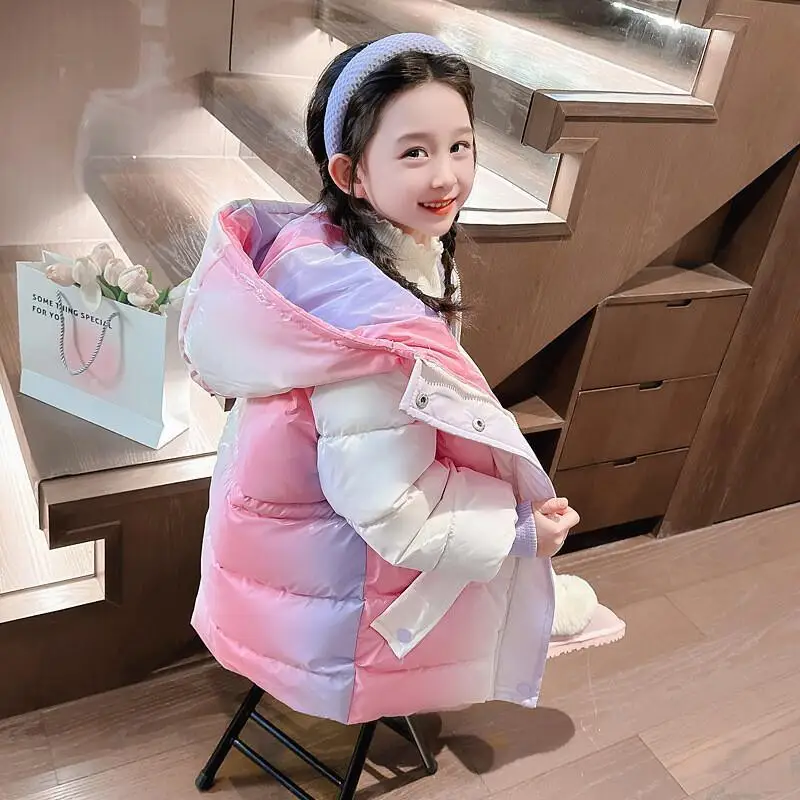 핫 카와이 패션 탑스 패션 아동복 재킷 여아 겨울 코튼 코트 두꺼운 따뜻한 롱 다운 재킷 어린이용 새해