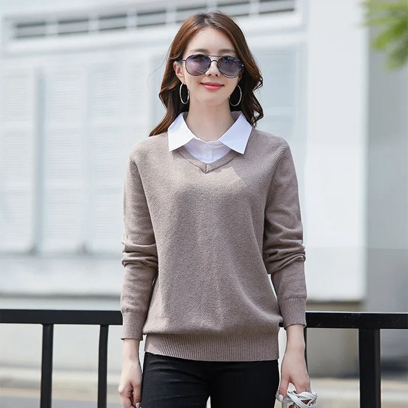 Autumn And Winter Turndown Collar Sweater Fake Two Piece Pullover Knit Loose Versatile Fashion Casual Long Sleeve Top 3