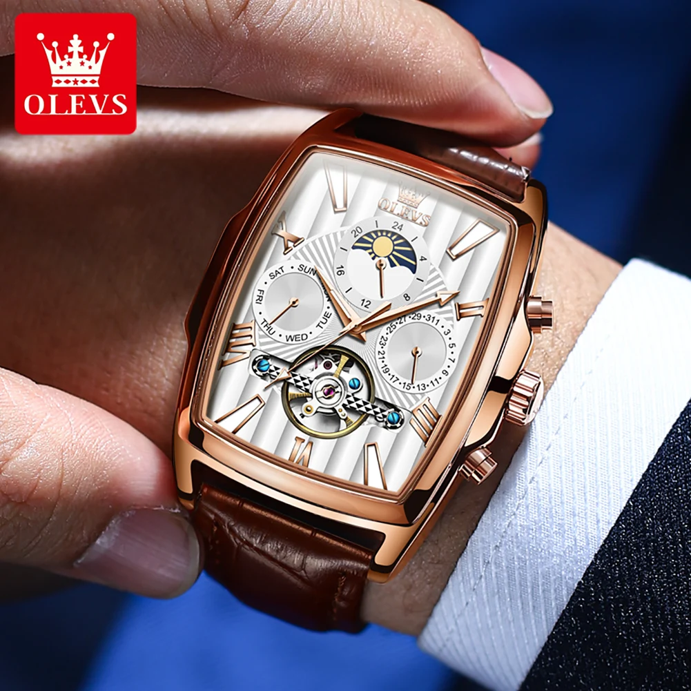 OLEVS-Reloj de pulsera para hombre, accesorio masculino resistente al agua con mecanismo de Tourbillon, diseño de lujo de oro rosa, fase lunar, nuevo, 2024