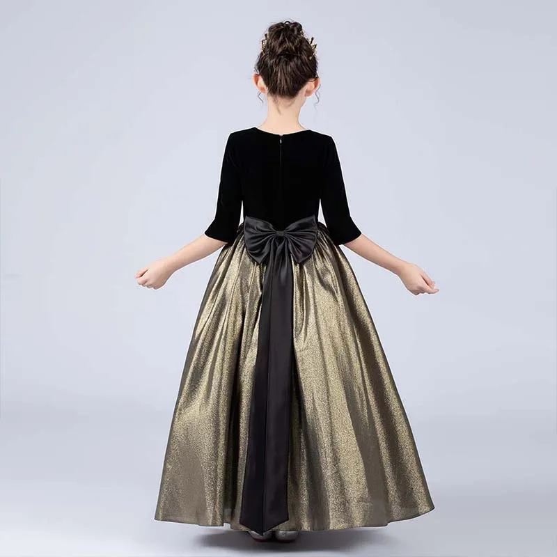 Black and Gold Girl Dresses Wedding Bridesmaid Skirt Girls Pageant Gown Floor Length Prom Dresses  Instrument Performance