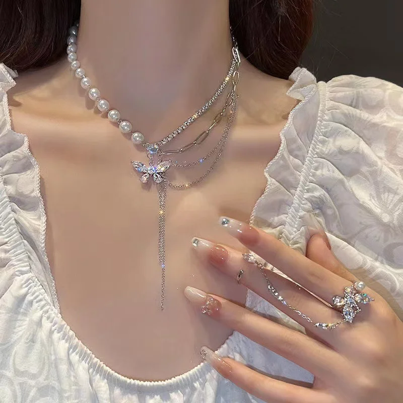 Kpop Irregular Star Necklaces Chain Y2K Zircon Crystal Beads Tassel Butterfly Asymmetrical Choker Necklaces Jewelry Gift