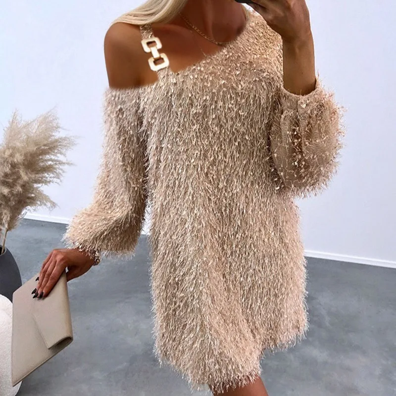 

2024 Spring Autumn New Women's Clothing Solid Color Chain Diagonal Collar Furry Tassel Dress